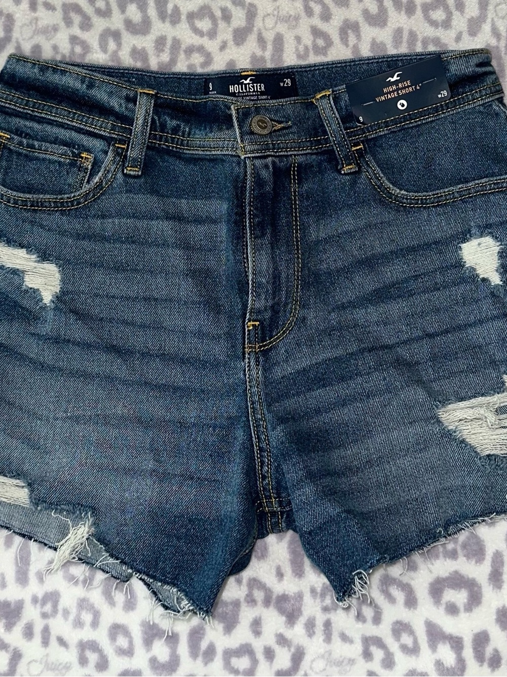 Hollister Women's Dark Indigo Distressed High-Rise Denim Shorts